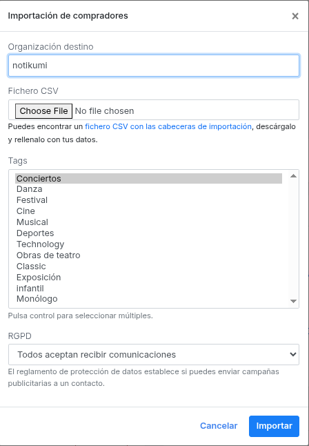 Formulario de importar contactos