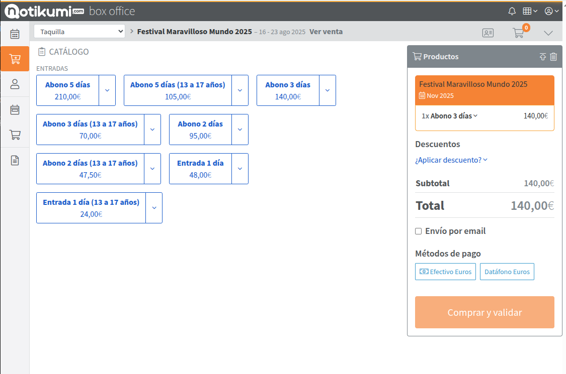 Ejemplo de venta de entradas en taquilla