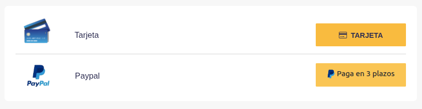 Ejemplo de opciones de pago online, pago con tarjeta o pago a 3 plazos 